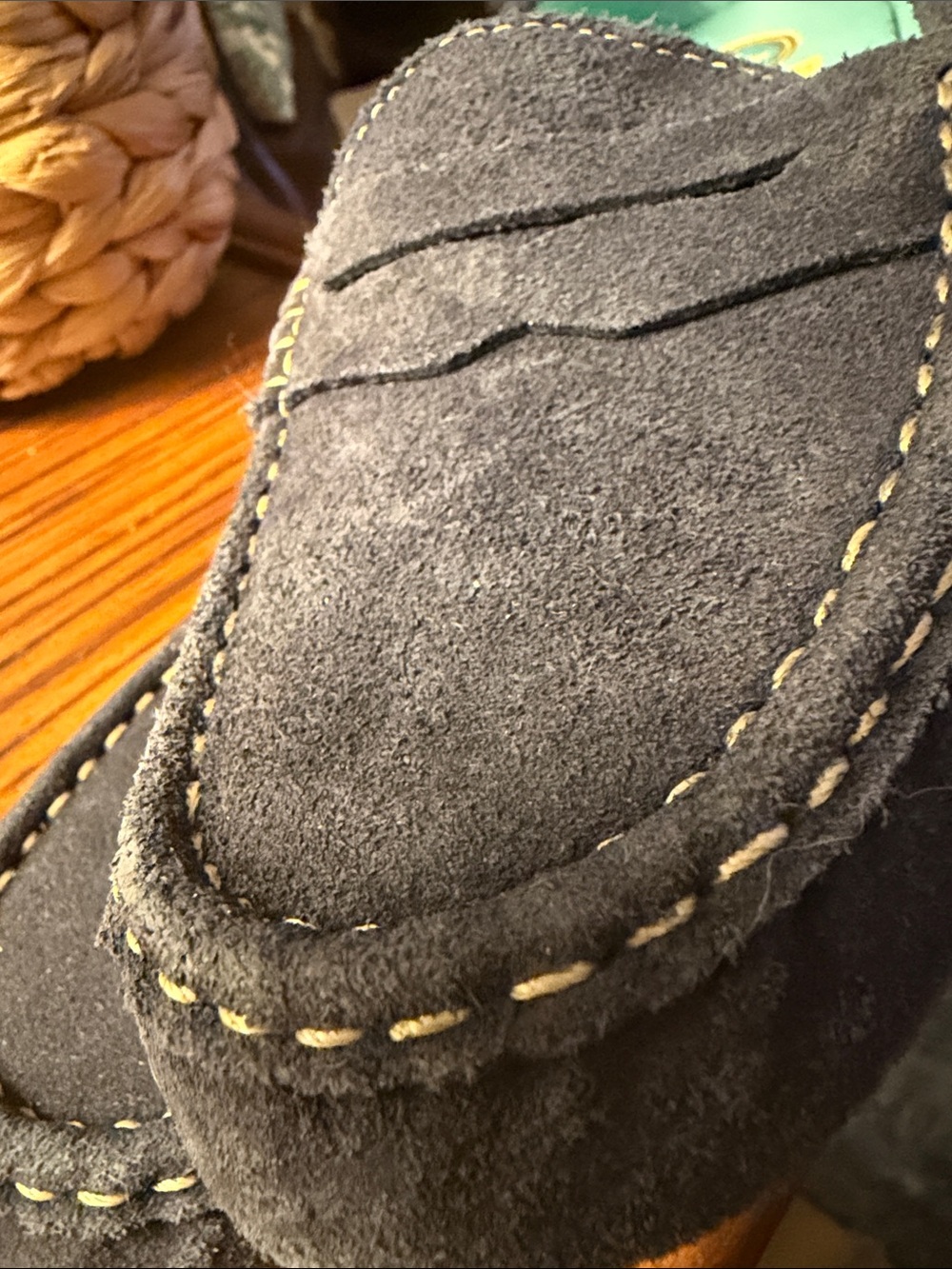 CHARLESTON SHOE CO. Blue Suede Penny Loafers with Teal Insole